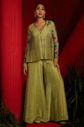 Pista Green Georgette Pleated Jacket Set